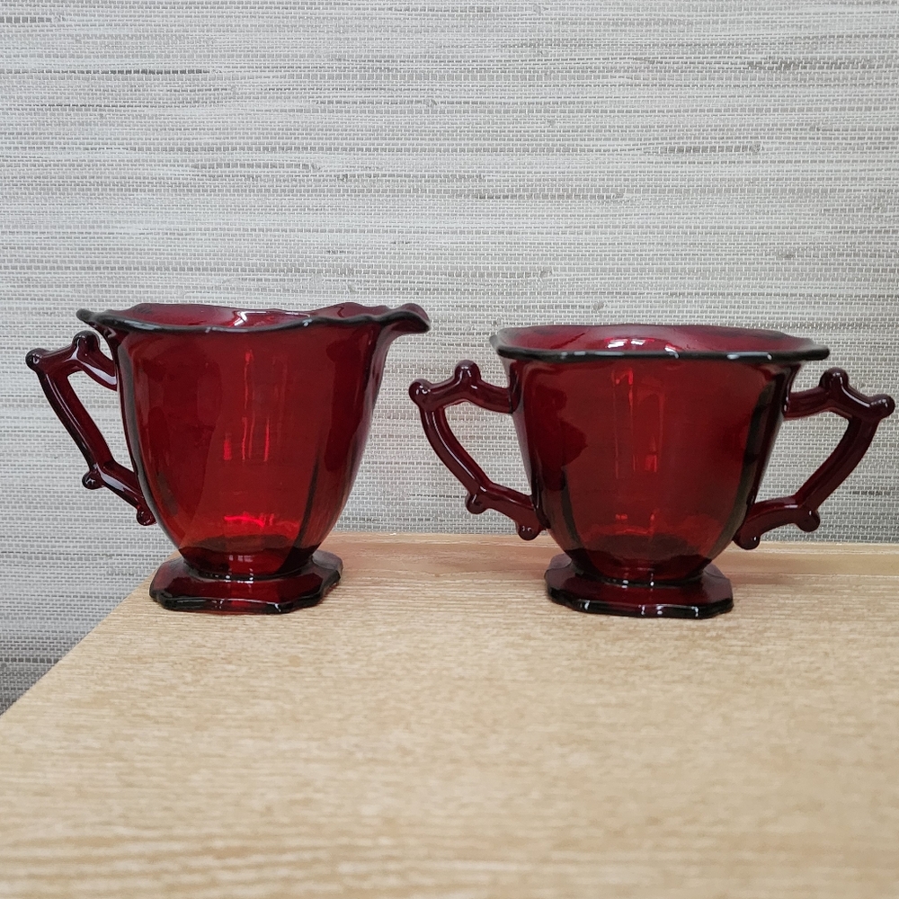 Vintage Imperial Glass ruby red cream & sugar set GLOWS